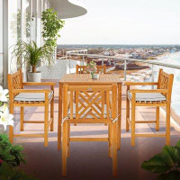 Chic Teak 5 Piece Teak Wood Chippendale Bistro Bar Set With 35" Table And 4 Barstools With Arms
