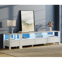 Ivy Bronx WAMPAT White TV Stand For 80 Inch TV, Modern Entertainment Centre For 85 Inch TV Console Table With Blue LED L