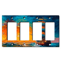 WorldAcc Metal Light Switch Plate Outlet Cover (Rustic Sea Ship Boat Sunrise Ocean Art - Quadruple Rocker)