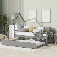Gracie Oaks Twin Wooden Daybed With Trundle, Twin House-shaped Headboard Bed With Guardrails,grey