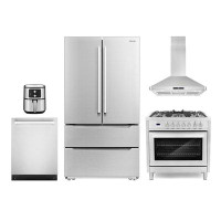 Cosmo 5 Piece Kitchen Package with 36" Freestanding Dual Fuel Range  36" Island Range Hood 24" Built-in Fully Integrated