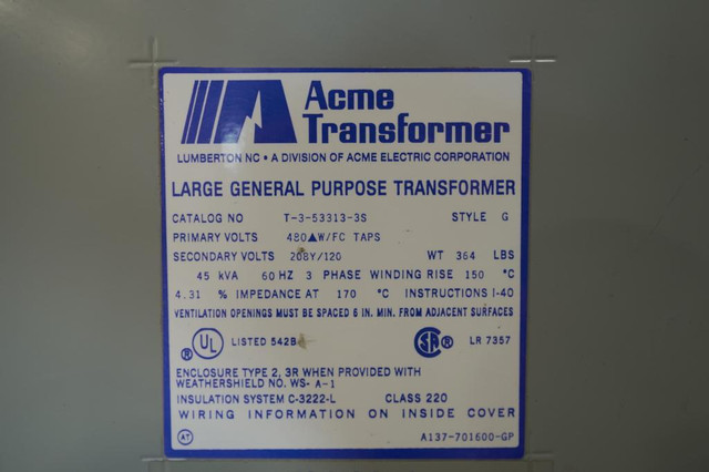 45 KVA 480V to 208Y/120V Isolation Transformer (981-0296) in Other Business & Industrial - Image 4