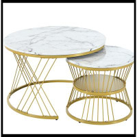 Mercer41 Nesting Coffee Table with Marble Grain Table Top, Golden Iron Frame Round Coffee Table, Set of 2