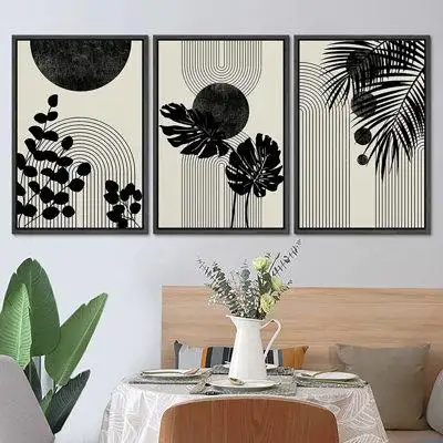 SIGNLEADER Black Mid-Century Modern Tropical Plants Boho Neutral Art Decoration Framed On Canvas 3 Piece Print