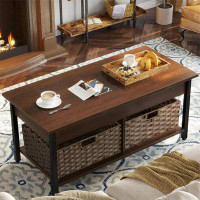 17 Stories Coffee Table Lift Top, Coffee Table With Hidden Storage Compartment And 2 Rattan Baskets, Rustic Brown