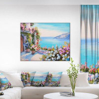 Design Art Sea and Flowers Landscape Painting Print on Wrapped Canvas
