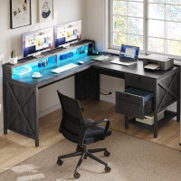 The Twillery Co. Esita Wood L-Shape Computer Desk with Filing Drawer & Charging Station