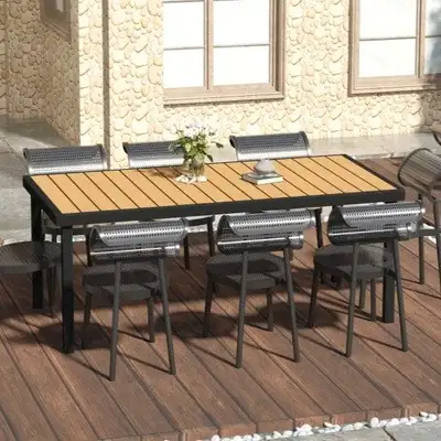 6.2ft x 3ft Aluminum Anti-Rust Outdoor Patio Dining Table w Woodgrain Plastic Top, Black, Natural