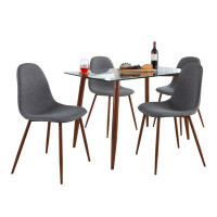 LumiSource Clara-Pebble Mid-Century Modern Dining Set In Walnut Metal, Clear Glass Tabletop And Charcoal Fabric Seat - 5