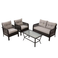 Green4ever 4 Pieces Patio Furniture Set, Outdoor Rattan Chair Wicker Conversation Sets With Cushions And Glass Coffee Ta