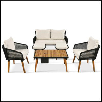 George Oliver 6-Piece Rope Patio Furniture Set, Outdoor Furniture with Acacia Wood Cool Bar Table