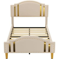Mercer41 Mercer41 Full Size Velvet Platform Bed Frame, Curved Upholstered Headboard And Footboard, Gold Rim And Rivets,