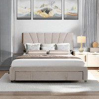 Latitude Run® Beige Queen Size Storage Bed Platform Bed With Drawer And Velvet Upholstered