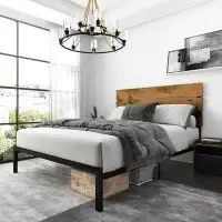 17 Stories Dark Brown Full Size Platform Bed Frame With Wood Headboard And Metal Slats