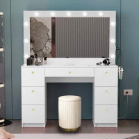 Latitude Run® Boahaus Vanity Table, 7 Drawers, Lights, Stool, Power Outlet, White