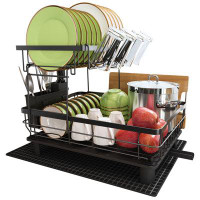 MAJALIS Adjustable Stainless Steel 2 Tier Dish Rack with Drainboard Set Utensil Holder for Kitchen Counter