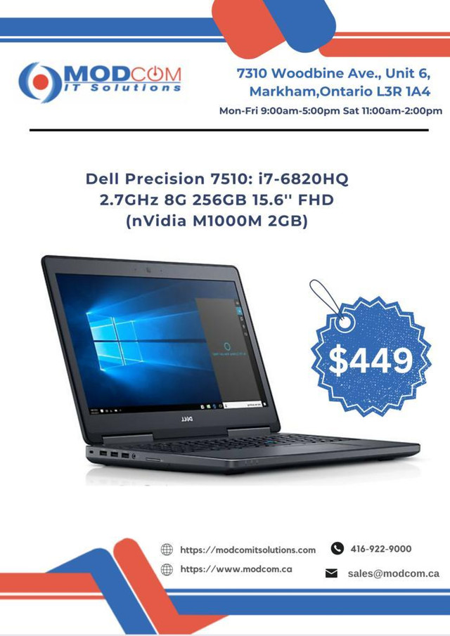 Dell Precision 7510 15.6-Inch Laptop OFF LEASE For Sale - Intel Core i7-6820HQ 2.7GHz 8GB 256GB (nVidia M1000M 2G) in Laptops