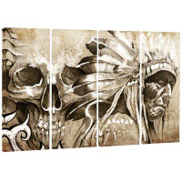 Design Art 'American Indian Warrior Tattoo Sketch' 4 Piece Wrapped Canvas Graphic Art Print on Canvas