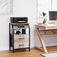 17 Stories Storage End Table, Charging Nightstand With 2 Drawers, Small Fabric Dresser For Bedside, Wood And Metal Side