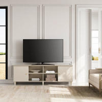Wrought Studio Mid-Century TV Stand With Blue LED Light,Modern Entertainment Centre With Door Storage And Open Shelf For