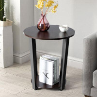 Ebern Designs 2-tier Industrial Round End Table Metal Sofa Side Table W/ Storage Shelf Walnut