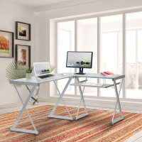 Hokku Designs Computer Desk L-Shaped with Pull Out Keyboard Panel Metal Corner Table for Home