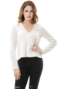 Apperloth Women's Casual Deep V Neck Long Sleeve Embroidered Wrap Shirt Blouse Ruched Tops