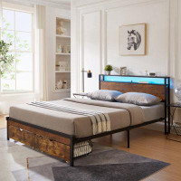 Wenty Metal Platform Bed Frame With Wooden Headboard And Footboard With USB,Charging Station,2 Drawers,LED s, No Box Spr