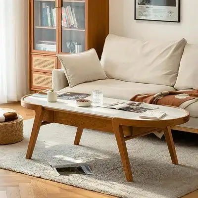 Indulge in the refined elegance of our Cream Style Solid Wood Oval Coffee Table with Slate Top. This...