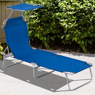 4-Level Folding Chaise Flat Recliner Seat Chair Lounger Cot w Sun Shade Beach Patio Deck, Blue