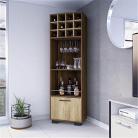 Latitude Run® Aubree Corner Bar Cabinet with 12 Wine Cubbies, 2 Shelves, Cabinet, Glass Rack, Mahogany/ Macadamia