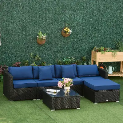 6pc PE Rattan Wicker Conversation Sectional Sofa Patio Seating Set w/ Cushions – Black, Blue