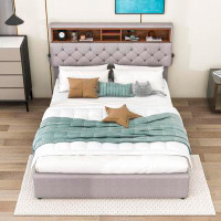 Ivy Bronx Gorsuch Queen Size Linen Upholstered Platform Bed with LED, USB Charging and 2 Drawers