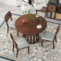 Red Barrel Studio 5-Piece Retro Dining Set With 1 Round Dining Table And 4 Upholstered Chairs With Rattan Backrests For