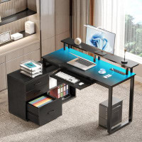 Ivy Bronx Ameliore 55.1" L Shaped Computer Desk with File Drawer, LED Lights and Keyboard Tray