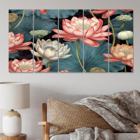 Winston Porter Red Green Lotus Ponds I - 5 Piece Wrapped Canvas Print