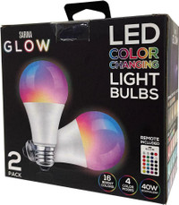 SARNIA GLOW® 2 PACK OF LED COLOUR-CHANGING LIGHT BULBS -- Great for mood lighting -- Remote control included!