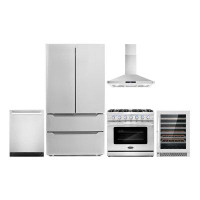 Cosmo 5 Piece Kitchen Package with 36" Freestanding Gas Range  36" Wall Mount 24" Built-in Fully Integrated Dishwasher E