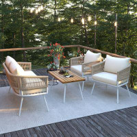 Latitude Run® 4-piece Boho Rope Patio Furniture Set, Outdoor Furniture With Acacia Wood Table, Patio Conversation Set Wi