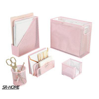 SR-HOME 5 Piece Office Supplies Pink Desk Organizer Set - With Desktop Hanging File Organizer, Magazine Holder, Pen Cup,