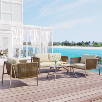 George Oliver 4-piece Rope Sofa Set With Thick Cushions And Toughened Glass Table, All-weather Patio Furniture Set For 4