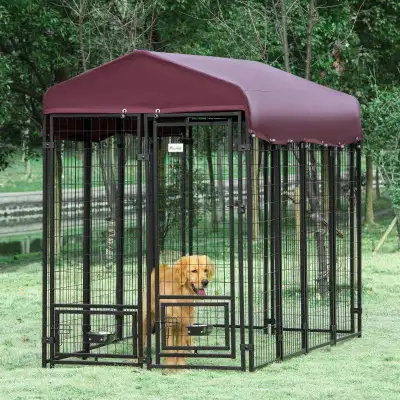 8ft x 4ft x 6ft Steel Dog House, Bowl Holders, Roof Pen Kennel Shelter Heavy Duty Outdoor Wine Red