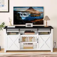 Gracie Oaks Narda Farmhouse TV Stand with Power Outlet Glass Doors