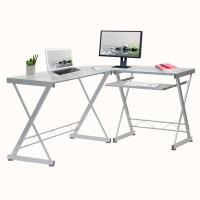Wenty Techni Mobili L-Shaped Tempered Glass Top Computer Desk With Pull Out Keyboard Panel, Clear