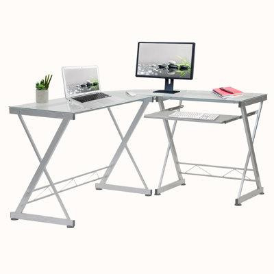 Wenty Techni Mobili L-Shaped Tempered Glass Top Computer Desk With Pull Out Keyboard Panel, Clear in Desks