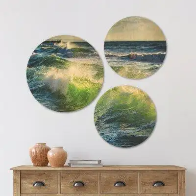 East Urban Home Designart 'Sunrise And Shining Waves In Ocean' Beach Wood Wall Art Set Of 3 Circles