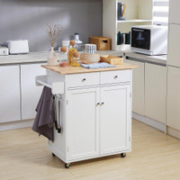ROLLING KITCHEN ISLAND WITH STORAGE, KITCHEN CART WITH RUBBER WOOD TOP, ADJUSTABLE SHELF
