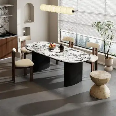 Everly Quinn Tutku 71" Faux Marble Rectangular Dining Table With Black Wood Legs For 6-8 People