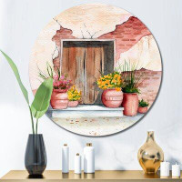 East Urban Home Old Wooden Door Brick Wall And Some Plants I - Vintage Metal Circle Wall Art