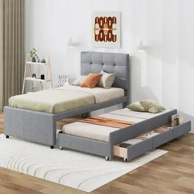 Red Barrel Studio Upholstered Platform Bed With Pull-Out Twin Size Trundle And 3 Drawers